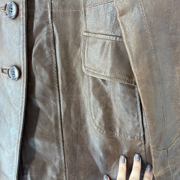 A.N.A Vintage Chocolate Brown Genuine Leather Button Front Mid Length Coat Sz M - Picture 3 of 7